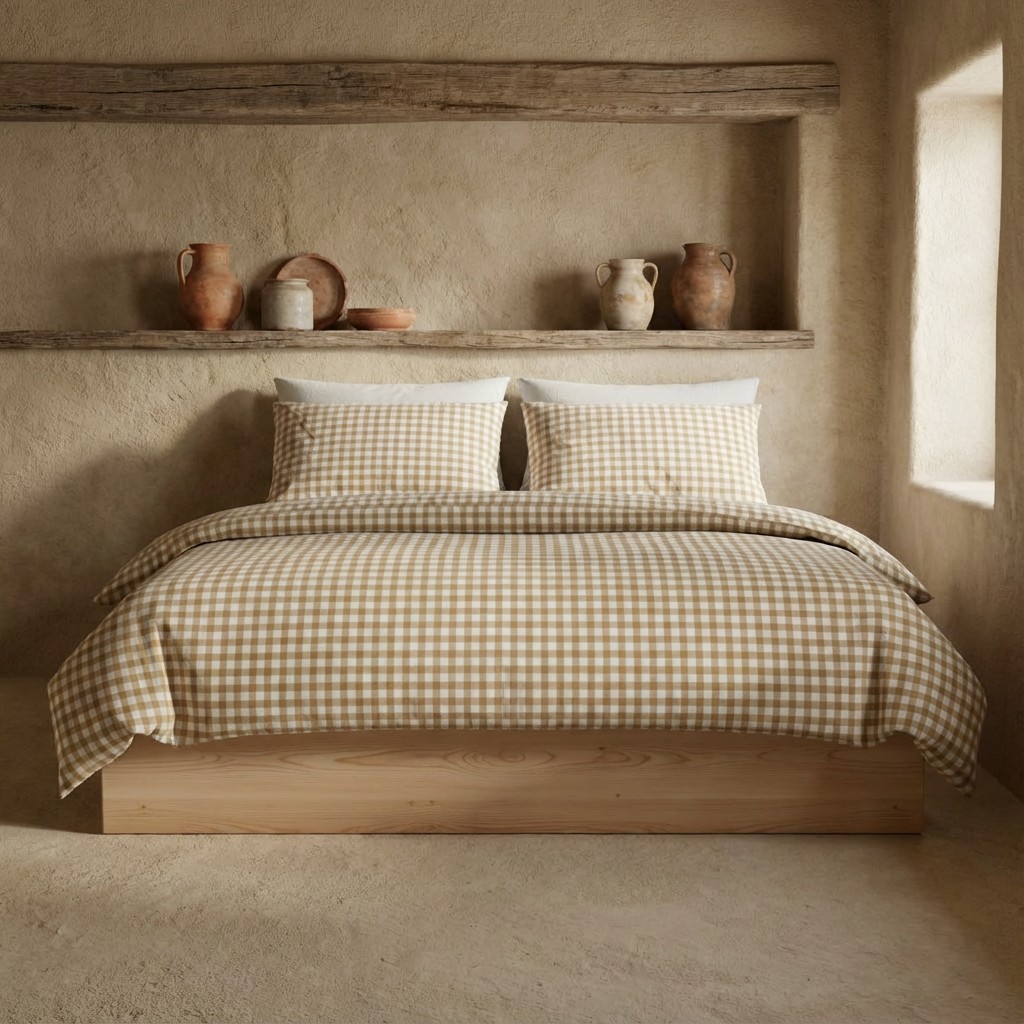 [JFNVICHY150-BE] Funda Nórdica 100% Algodón VICHY + Funda de Almohada (Beige, Cama 80/90 - 150x220 cm + 45x110 cm)